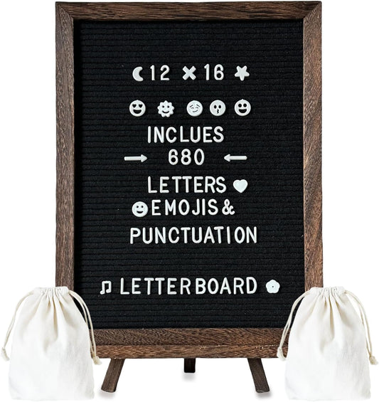 Felt Letter Board 12x16" – 680 Letters, Numbers & Symbols, Wall Mount or Stand Display, Changeable Message Board for Quotes & Notes, Home/School/Office/Hotel/Restaurant/ Coffee Shop, 1 Storage Bags, Dark Brown Wood Frame
