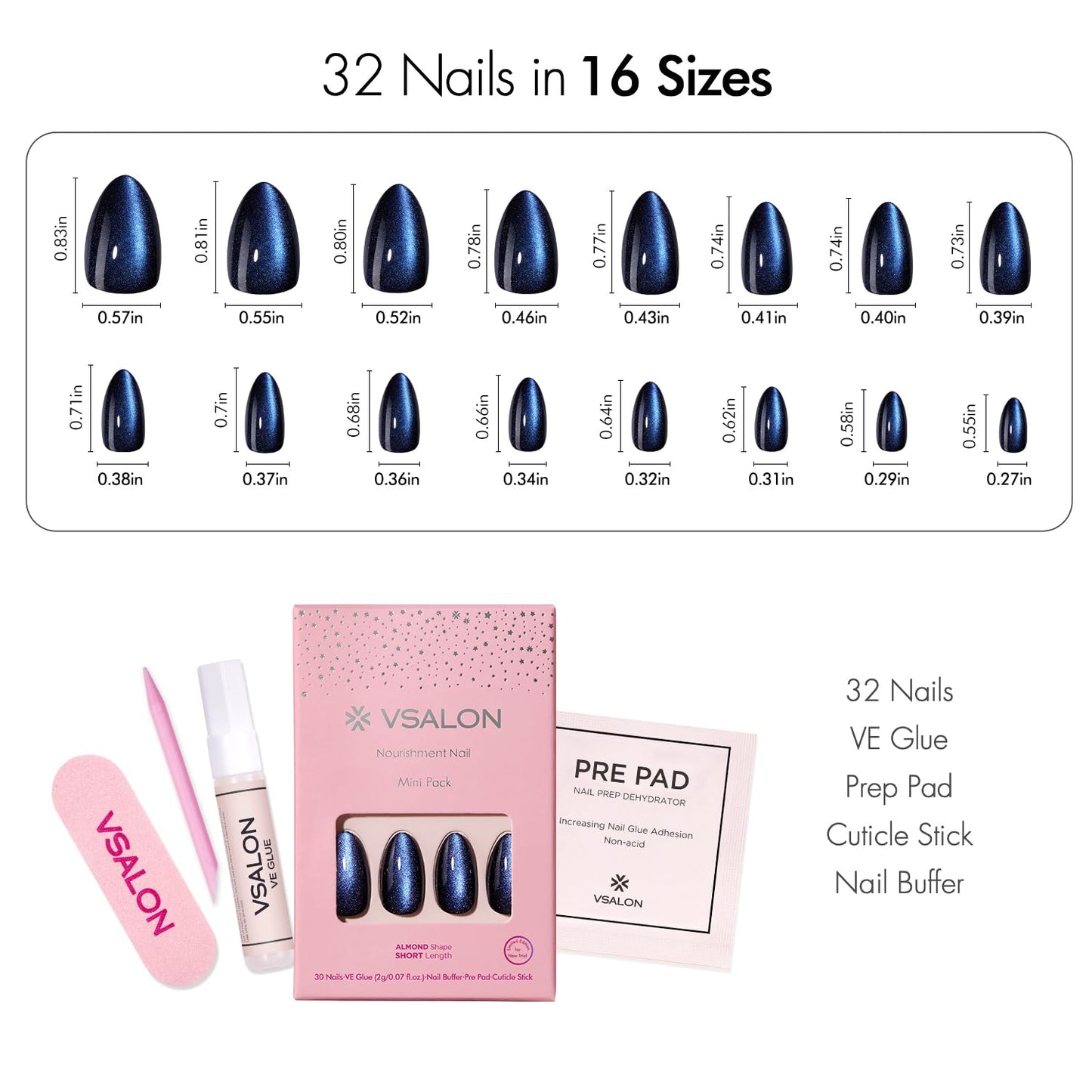 VSALON Cat Eye Press on Nails Short Almond- Deep Blue Cat Eye & Glitter Finish Cat Eye French Tip