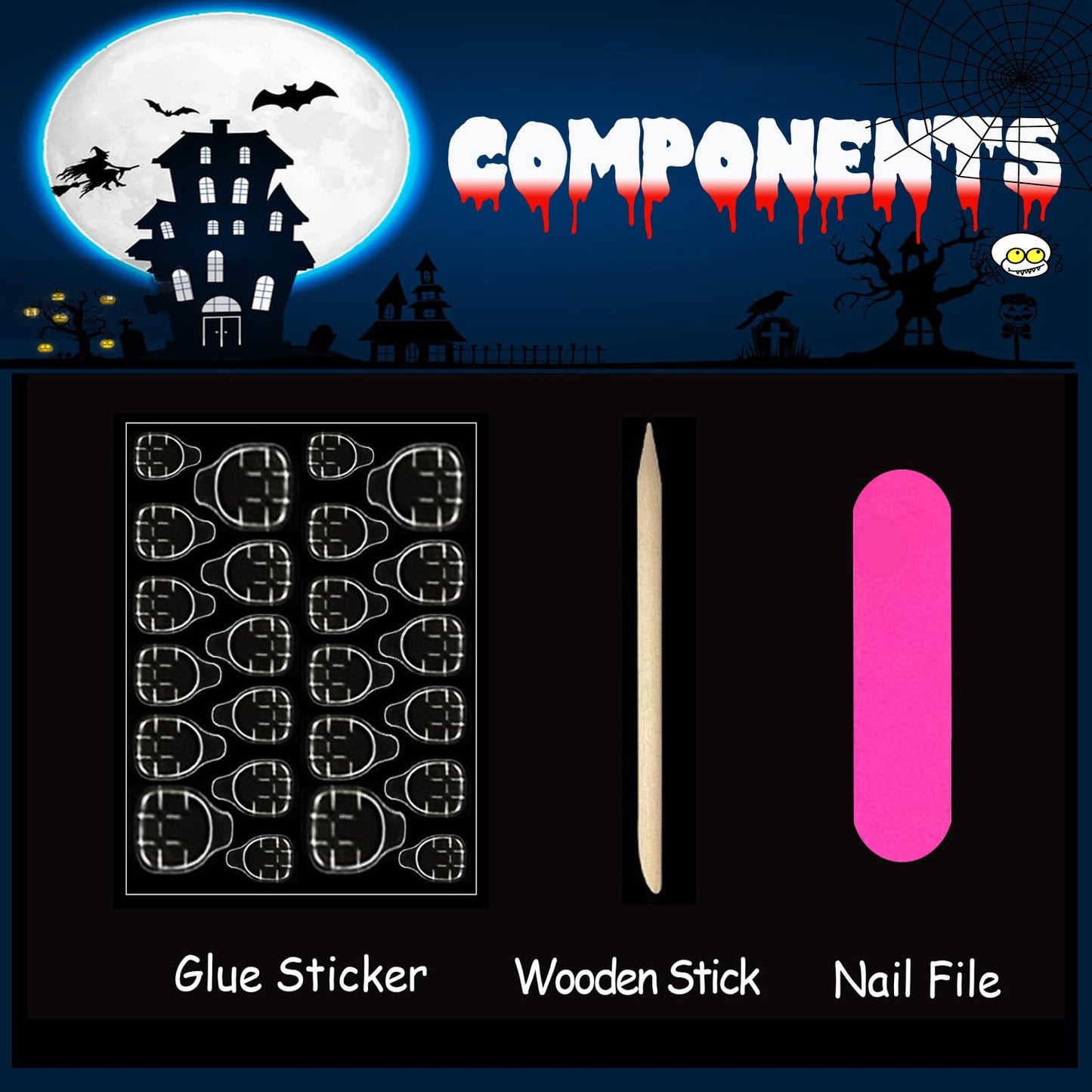 Halloween Press on Nails Long Coffin Fake Nails Cute Ghost False Nails with Designs Spooky Spider Web Glue on Nails Full Cover Nude Acrylic Nail White Black French Tip Nail for Women 24 Pcs