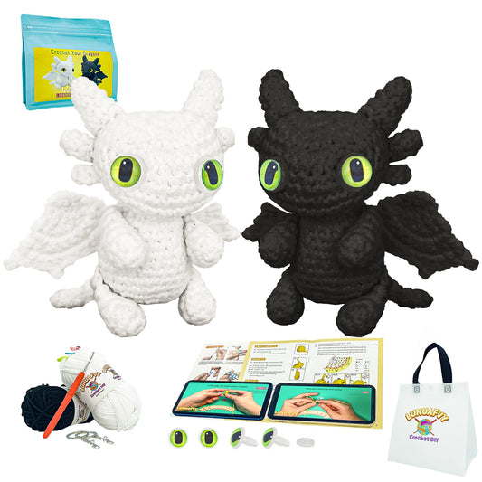 LuNuaFvy Crochet Kit for Beginners Kids & Adults - Complete Animal Starter Kit to DIY 2 Cute Amigurumi Dragons, Easy-Follow Book & Video Tutorial (4hr), Soft Yarn, 2 Bags(Gift & Storage)