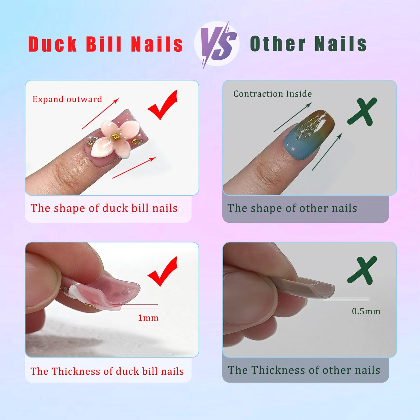 TENPAL Handmade French Tips Press on Duck Nails Kits - Icy Blue Purple Ombre Duckbill Nails with 3D Cherry Design, Acrylic Glossy Y2K False Nails for Women Girls Daily Parties(S)