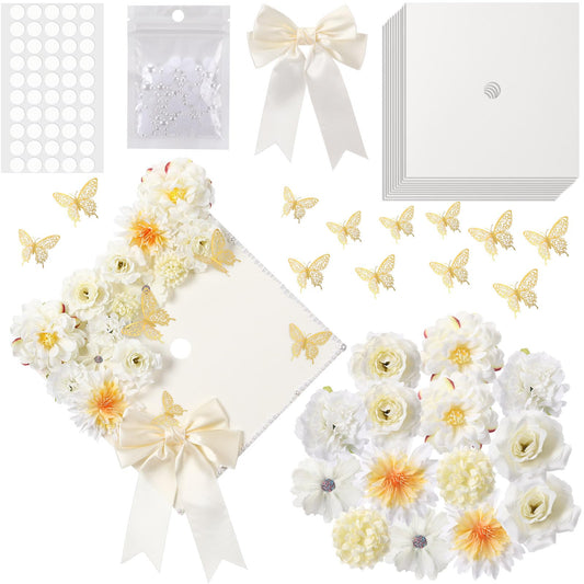 MotiMind 41 Pcs Beige DIY Graduation Cap Decoration Kit, Grad Cap Decorations Grad Hat Topper Faux Assorted Flowers Bows 3D Cream Construction Paper Butterfly Stickers Pearl Adhesive Dots