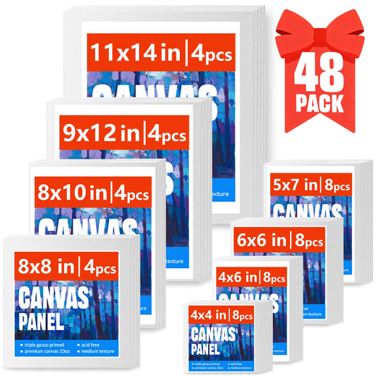 Canvas Boards for Painting, 48pcs Multi-Size Paint Canvas 4x4 4x6 6x6 5x7 8x8 8x10 9x12 11x14 Art Supplies for Adult, Kid&Artist, Primed Blank Cotton Canvases for Acrylic, Oil, Watercolor