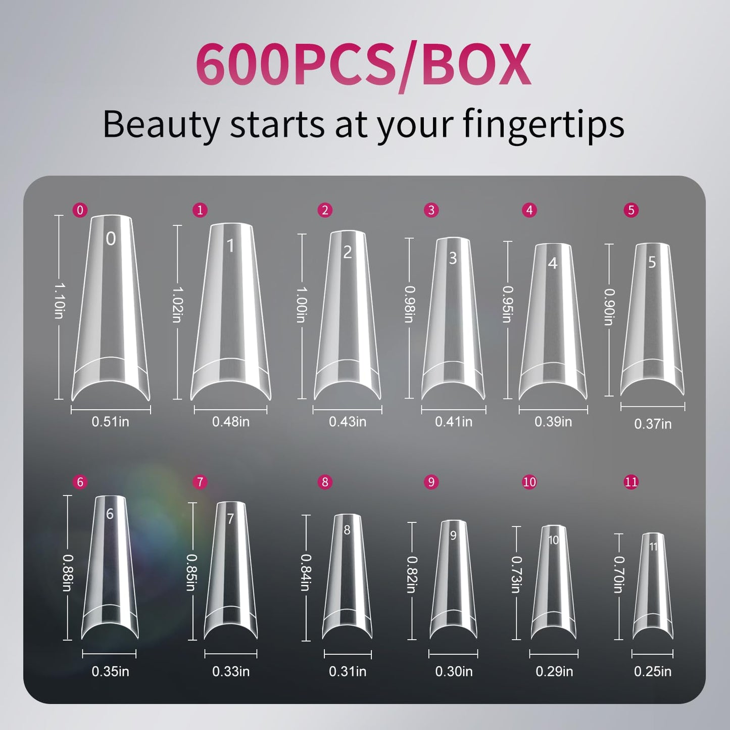 krofaue 600PCS Half Cover Coffin Nail Tips - Acrylic Nail Tips 12 Size Clear False Nails Tips with Box for Nail Salons and Home DIY (Clear)