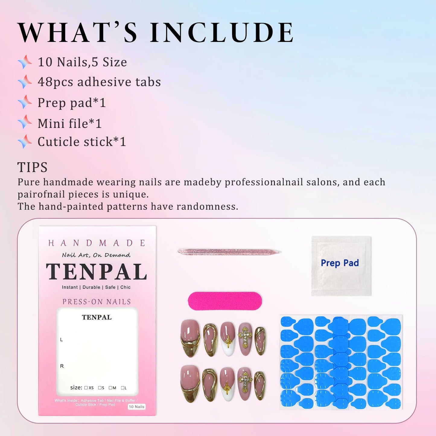 TENPAL 10Pcs Handmade Press On Nails Almond With Tools,Acrylic Icy Platinum French Tips Fake Nails with 3D Metal Cross,Glossy Y2K Blush Glitter Edgy Sweet Glue on Nails for Women,Gold French Nails(L)