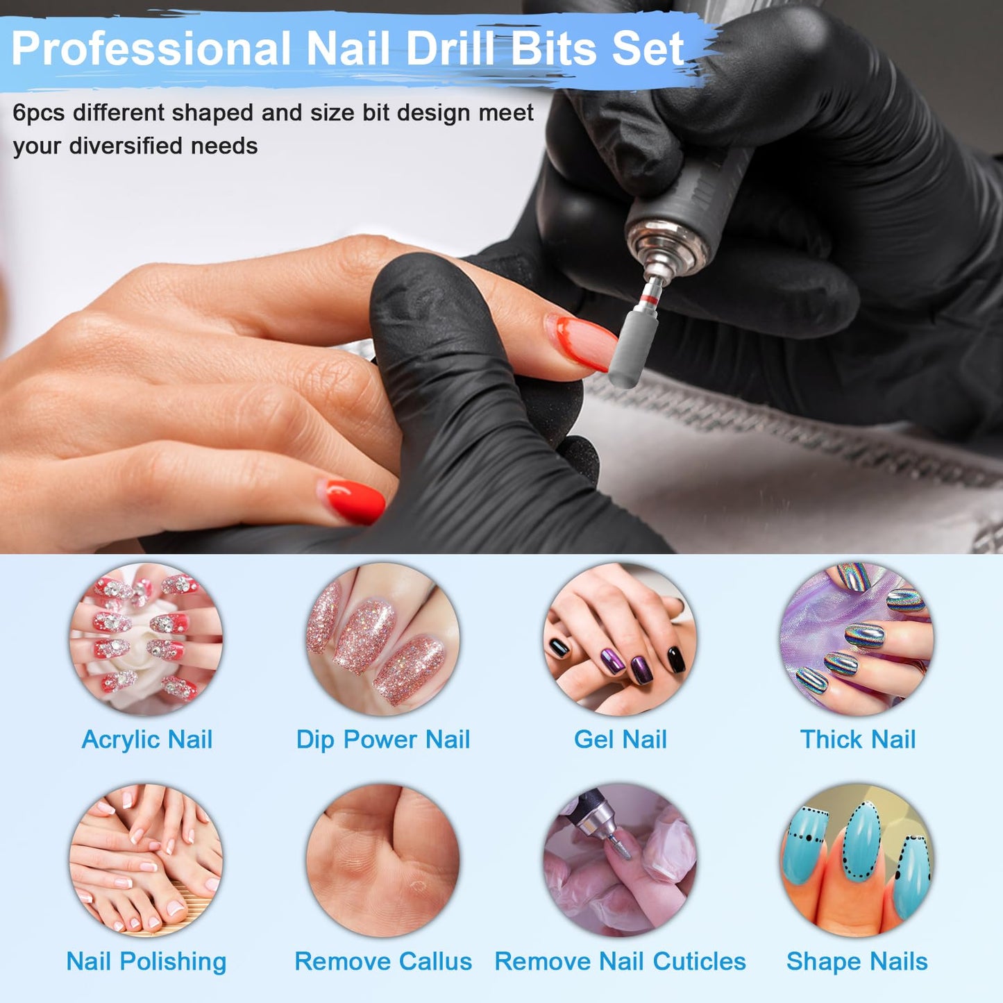 Diesisa 6 Pack Nail Drill Bits for Acrylic Nails, 3/32"" Shank Drill Bits for Nails, Professional Electric Cuticle Bit for Nail Drill, Cuticle Cleaner Nail Gel Polish Remover Tool for Home Salon-Red