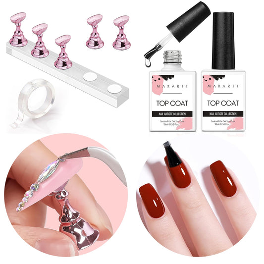 Makartt Gel Top Coat, No Wipe Top Coat Glossy Shine Finish Long Lasting Bundle With Nail Stand for Press On Nails Display Practice Art Magnetic Fake Nail Holder