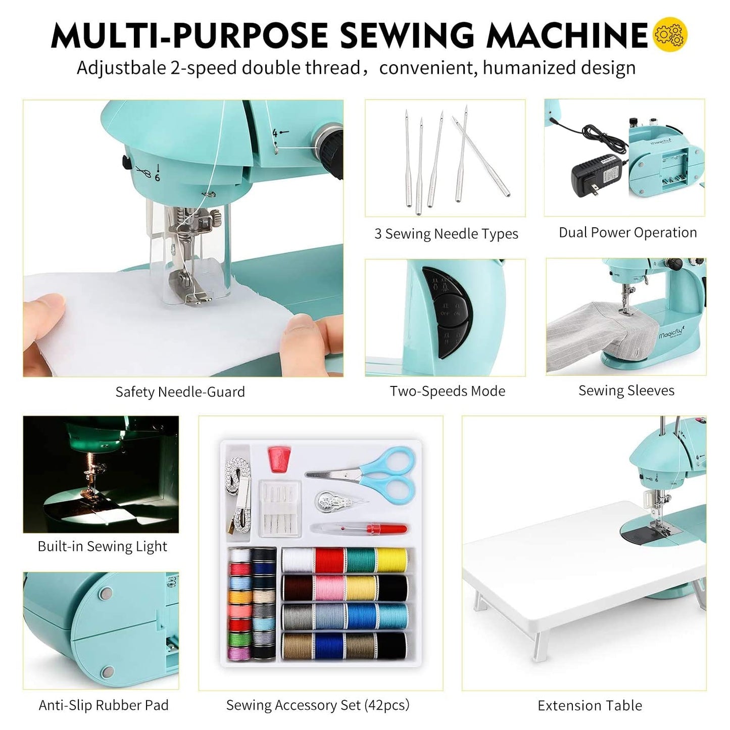 Magicfly Mini Sewing Machine with Extension Table, Dual Speed Portable Sewing Machine for Beginners with Light, Sewing Kit for Household Use, Blue