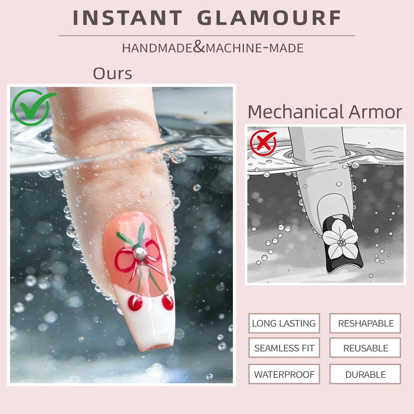 Handmade Long Square Press On Nails - 3D Flower & Cherry French Design, Reusable Acrylic Full Cover Nails (S-10PCS)