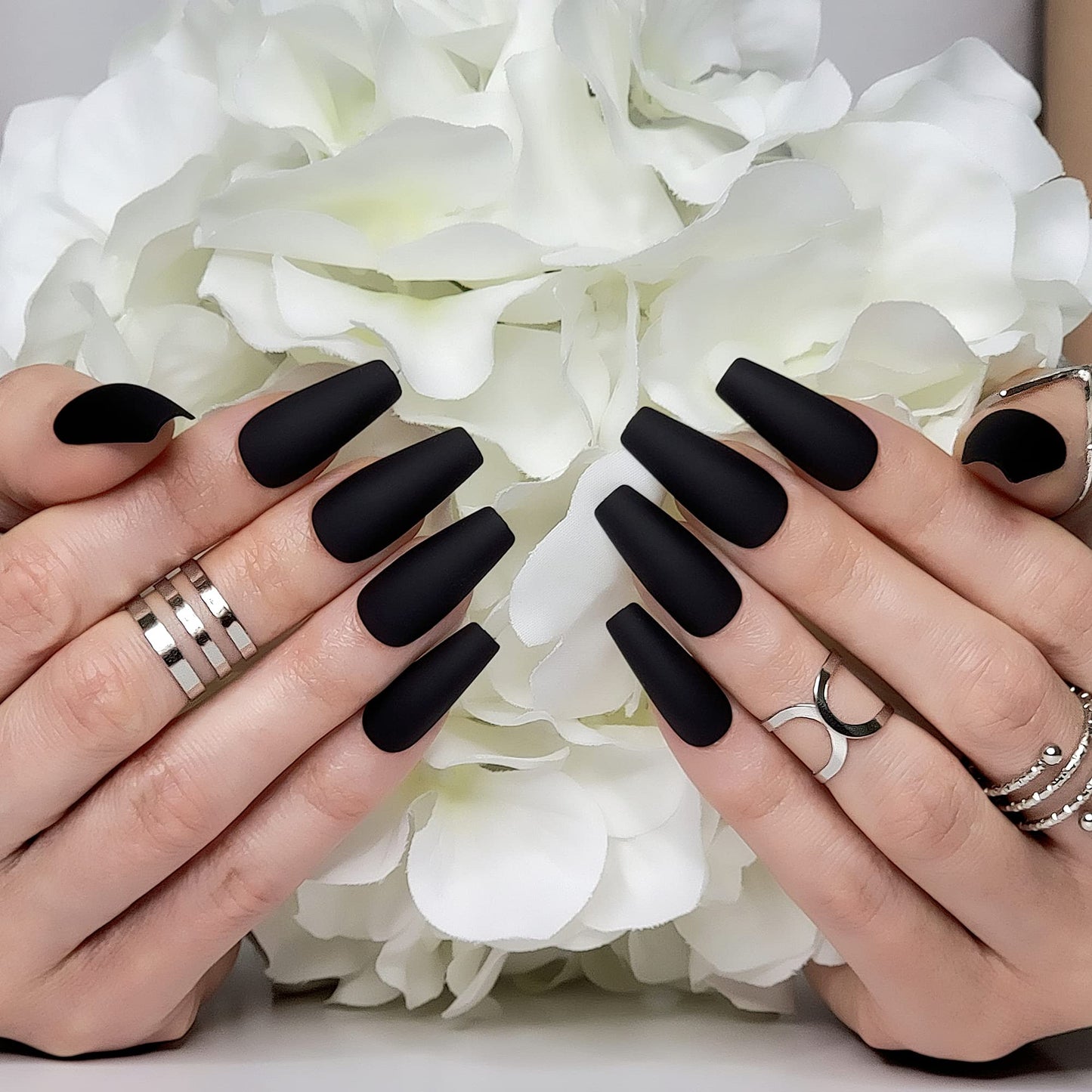 Hypnaughty Press On Nails - Rhinestone & Noir Black Matte Coffin, Trendy & Salon Quality Reusable Nails With Kit