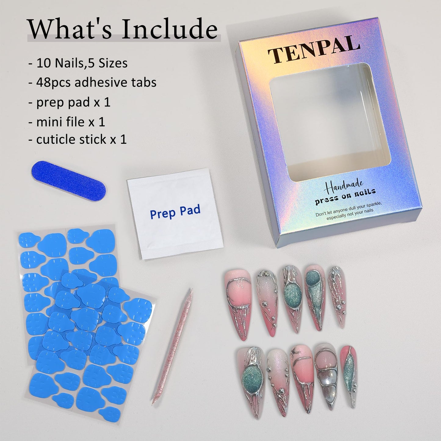 TENPAL Long Stiletto Press on Nails,Pink-Silver Holographic Gradient Hand-Painted Moons Fake Nails with 10pcs Tools,3D Cat Eye Glitter False Nails,Edgy Meteors Design Sweet-Edge Metal Nails(M)