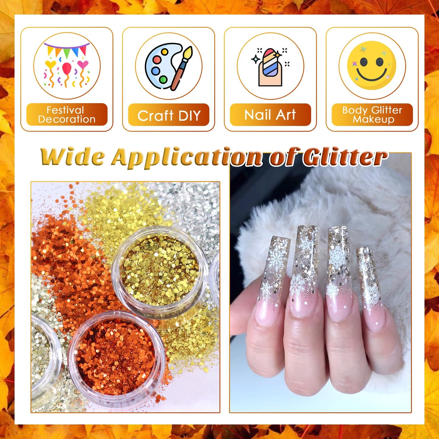 Laza Autumn Nail Glitter, 12 Colors Acrylic Nails Art Glitter Powder Sequin, Retro Copper Iridescent Flake Paillette Sparkle Tip 120g for Gel Polish, Face, Eyes, Body, Hair, Jewelry, Resin -Golden Age