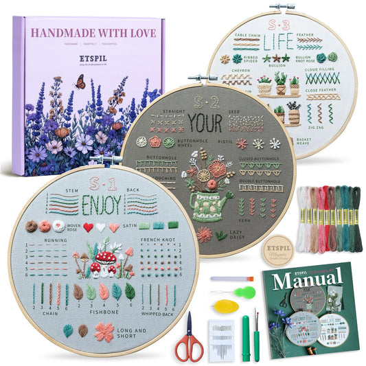 ETSPIL Embroidery Kit for Beginners, Easy Step-by-Step 4K Video Tutorials for Adults to Master 33 Core Stitches, Bound Guide & Magnetic Minder, Relaxing DIY Craft Hobby Gift for Women