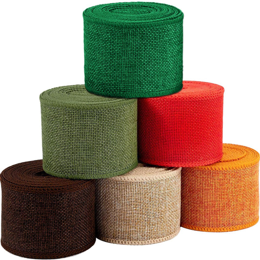OZXCHIXU Fall Burlap Ribbon, Orange/Chocolate/Army Green/Light Yellow/Red/Green Burlap Wired Ribbon, 2.4Inch x 6 Colors Total 30 Yard, for Holiday Decorative, Gift Wrapping, Floral, Bows.