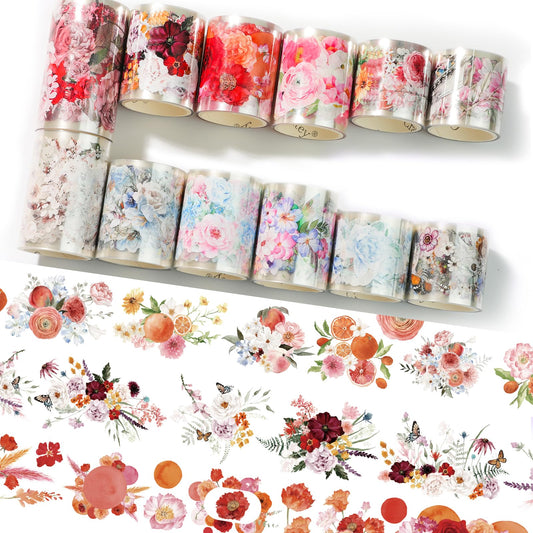 Cratey 12-Roll Floral PET Washi Tape Set & PET Stickers – Easy to Use for Journaling & Card Making, Ideal for Scrapbooking & Junk Journaling