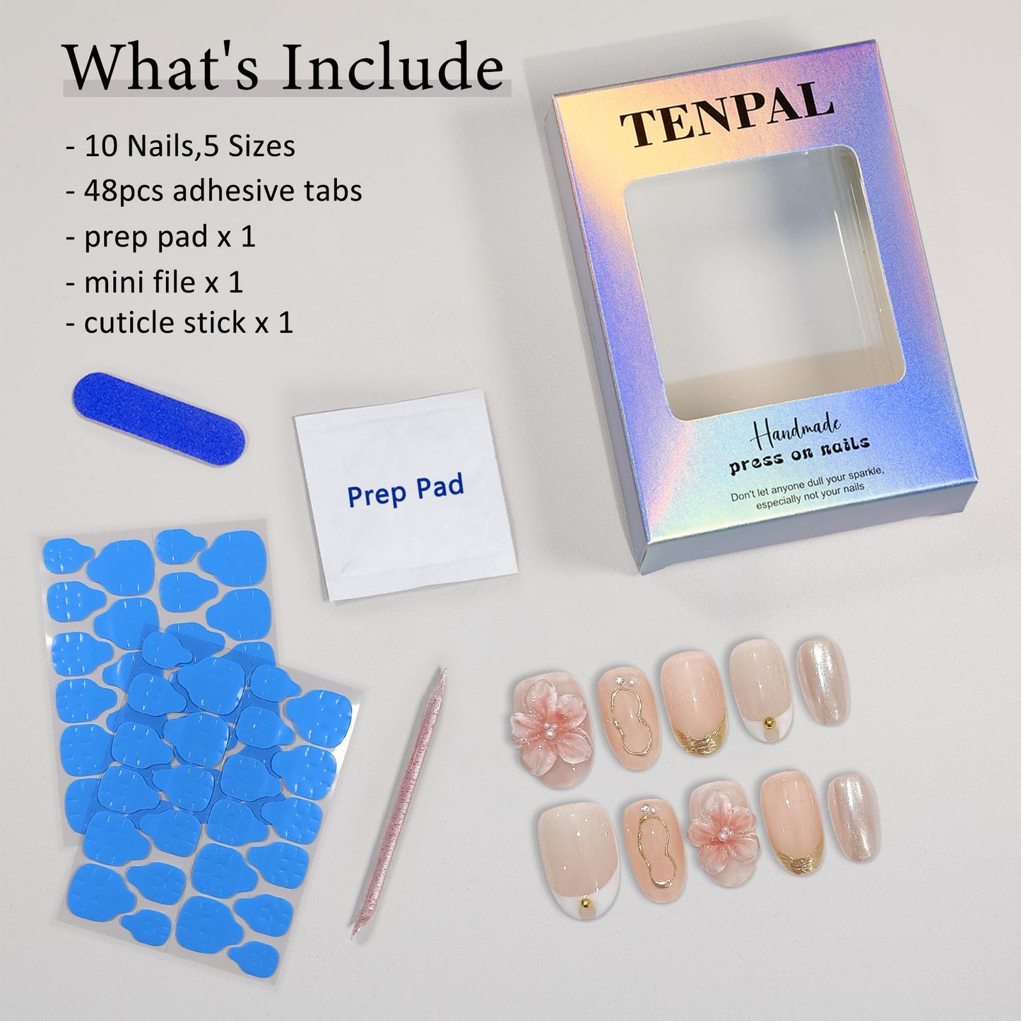 TENPAL Handmade Press on Nails Short Oval Shape,Frosted French 3D Floral Nails with Iridescent Accents,Nude Pink False Nails Kit 10pcs,Ethereal Elegant Designs Fake Nails for Daily(M)