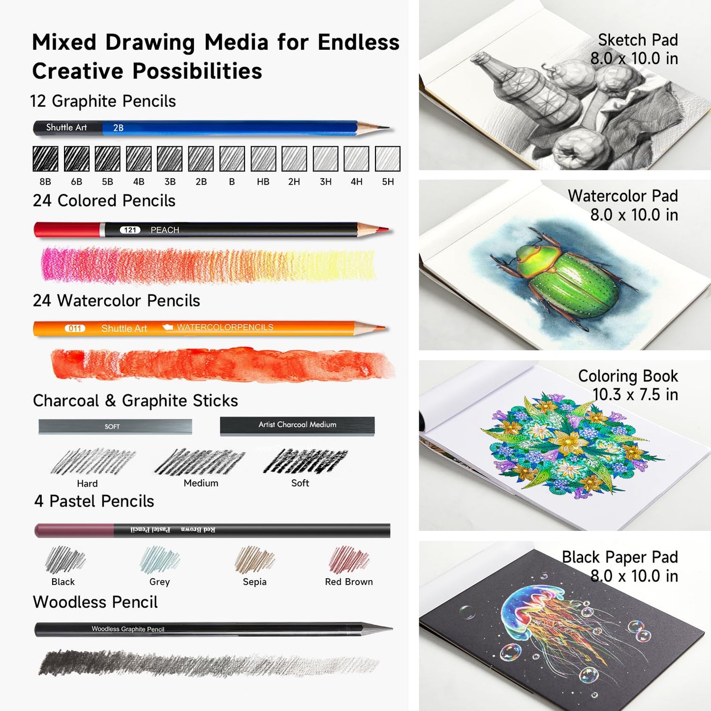 Shuttle Art 116 PCS Drawing Kit, Professional Drawing Supplies with Sketch, Charcoal, Colored, Graphite, Pastel Pencils & Sticks, Complete Drawing Tools and Paper Pads in Zipper Case for Artists&Kids