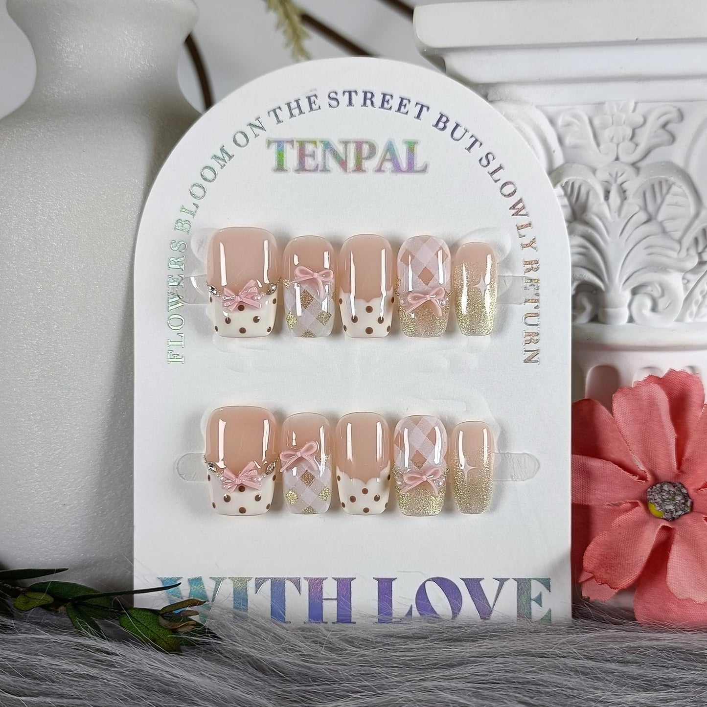 TENPAL 10Pcs Y2K Short Medium Coffin Press On Nails With Tools Kit,Light Pink Cat Eye French Fake Nails with Dot Bow Plaid Pattern,K-Beauty Acrylic Glue on Nails for Wedding Party Daily Wear(S)