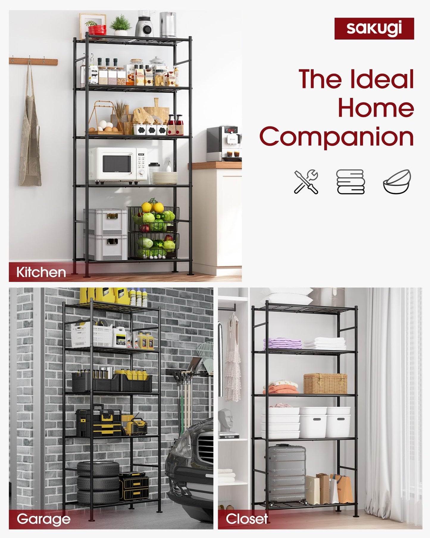 Sakugi Storage Shelves - 5 Tier Shelf Organizer, Heavy Duty Garage Shelving Unit with Leveling Feet, Stable Metal Shelves Organizer for Pantry, Kitchen and Closet, 33.0" W x 12.6" D x 72.0" H, Black