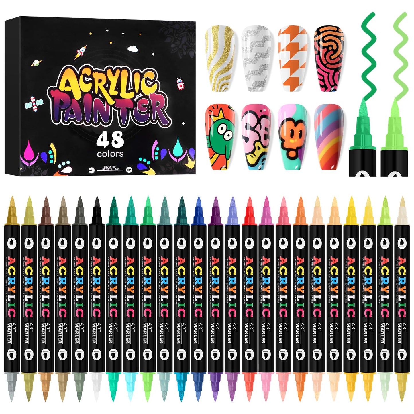 Kalolary 48 Colors Nail Art Pens Set,24PCS 3D Nail Polish Pens Double-Ended Acrylic Paint Pen Nail Art Markers Quick-Drying Nail Art Tools for Dotting Drawing Painting DIY Nail Art Beauty Manicure（F）