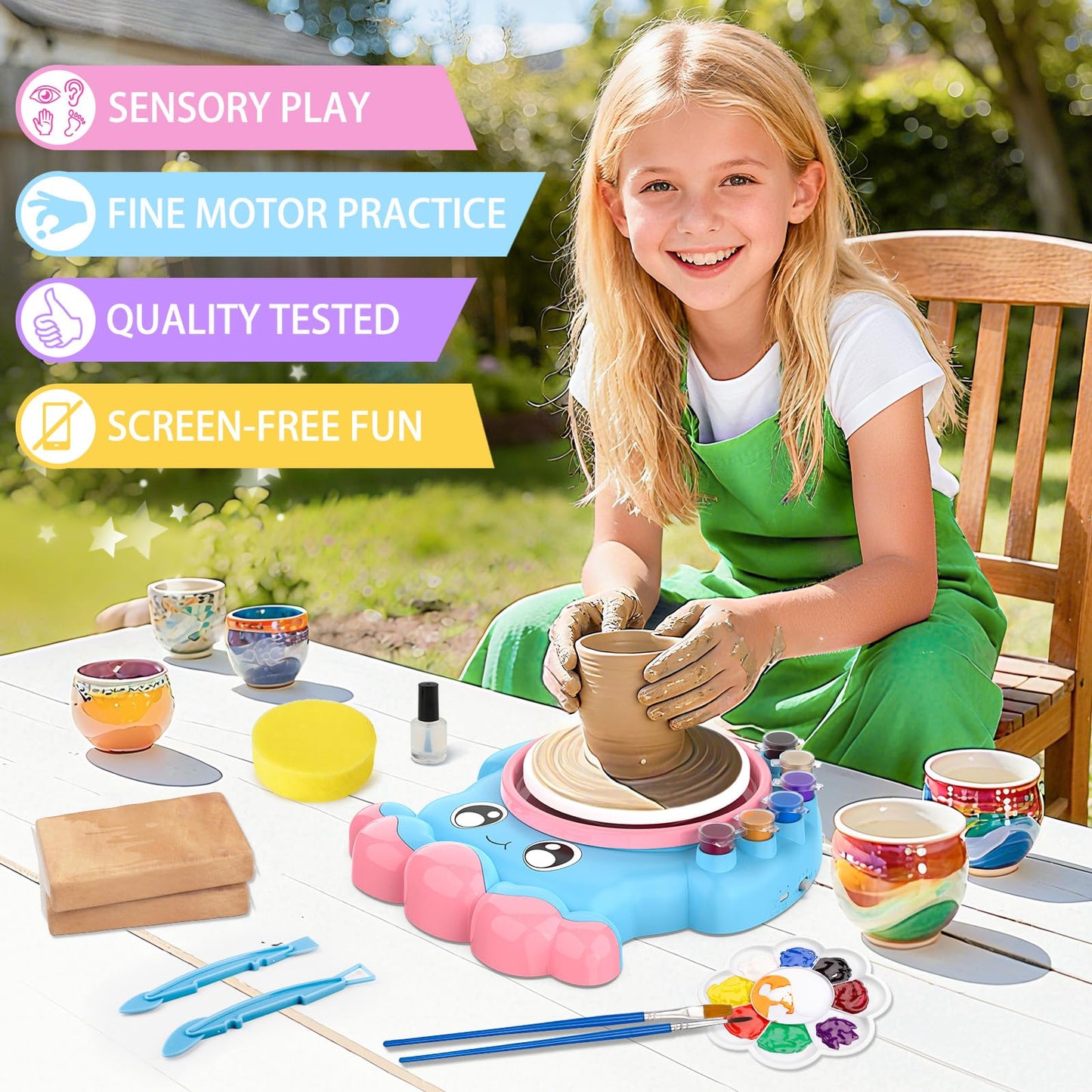 Aujazyble Pottery Wheel for Kids, Complete Pottery DIY Art & Craft Kit Toy, Arts and Crafts for Kids Ages 8-12, Girls Boy Toys Birthday Halloween Christmas Gift for Kid Ages 6 7 8 9 10 11 12+, Blue