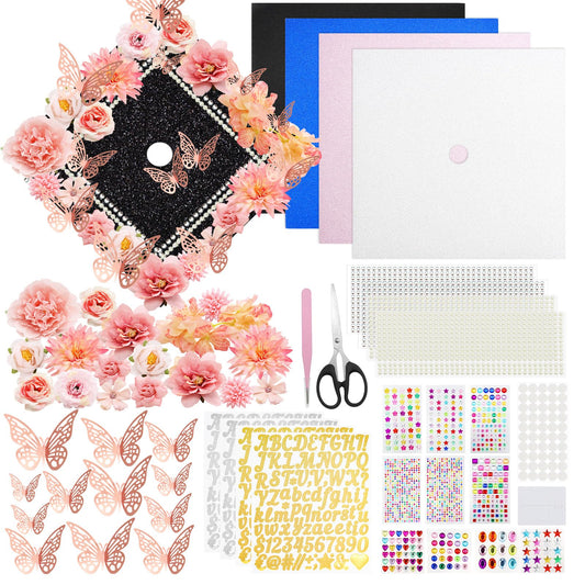 ZYNERY Graduation Cap Decorations Kit Grad Cap Topper Decor Includes Glitter Paper 3D Butterfly Faux Flower Letters Stickers, Cap Decorations for DIY Graduation Cap Topper (Pink)