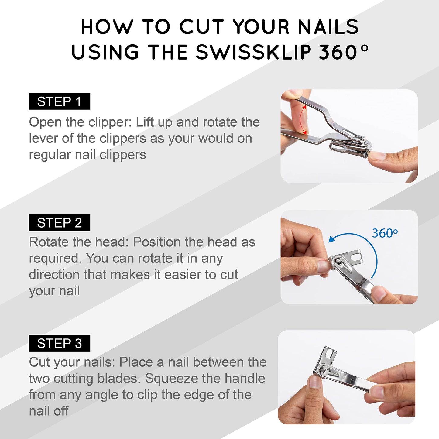 Swissker by Swissklip Nail Clippers for Men & Women I Finger Nail Clippers for Adult with 360 Degree Rotating Head I Fingernail Clippers for Women I Surgical-Grade Stainless Steel Material (3 Pack)