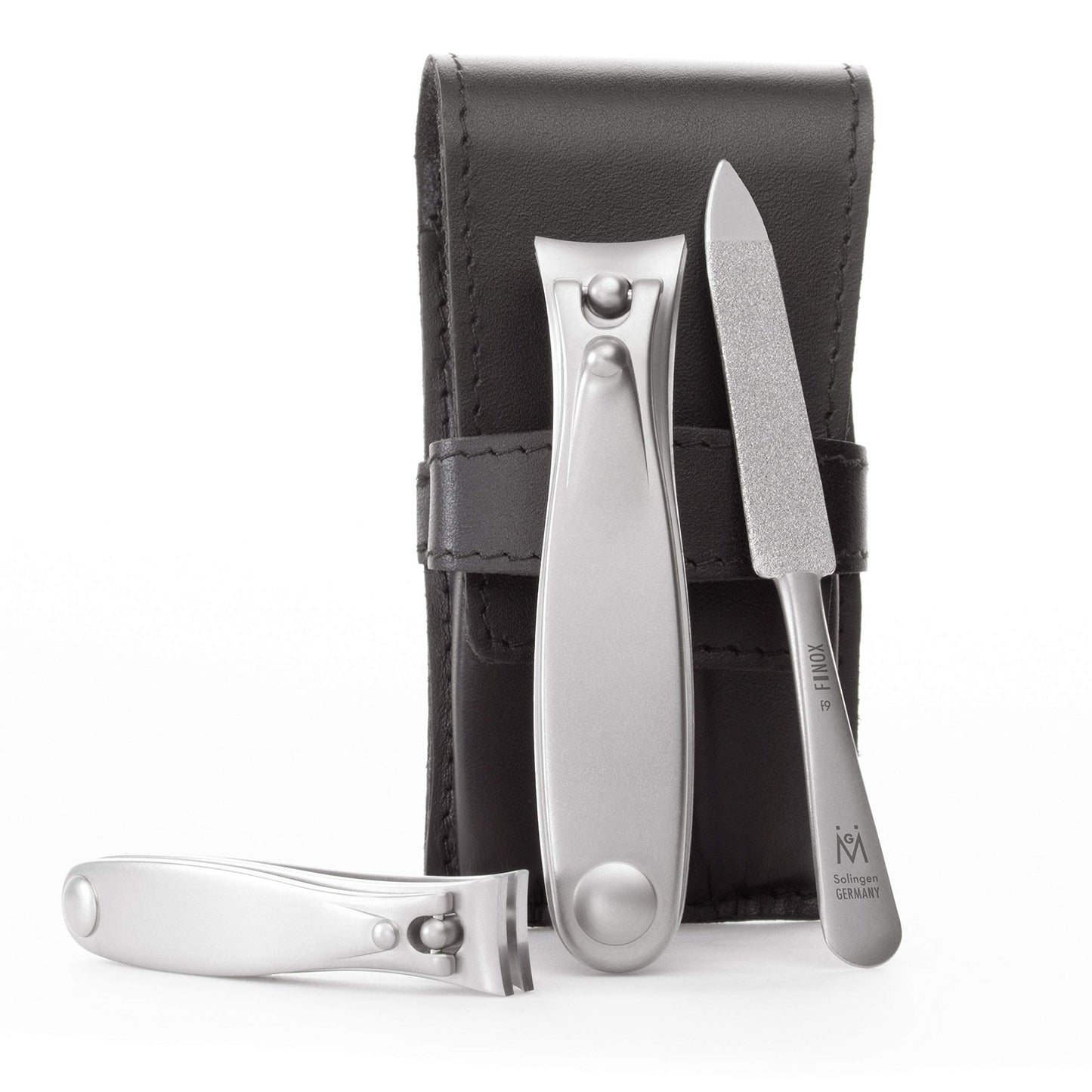 GERMANIKURE Nail Clippers and Sapphire Nail File Set in Black Leather Case – Ethically Made in Solingen Germany, FINOX Stainless Steel Tools – Professional Quality Manicure & Pedicure Kit for Men