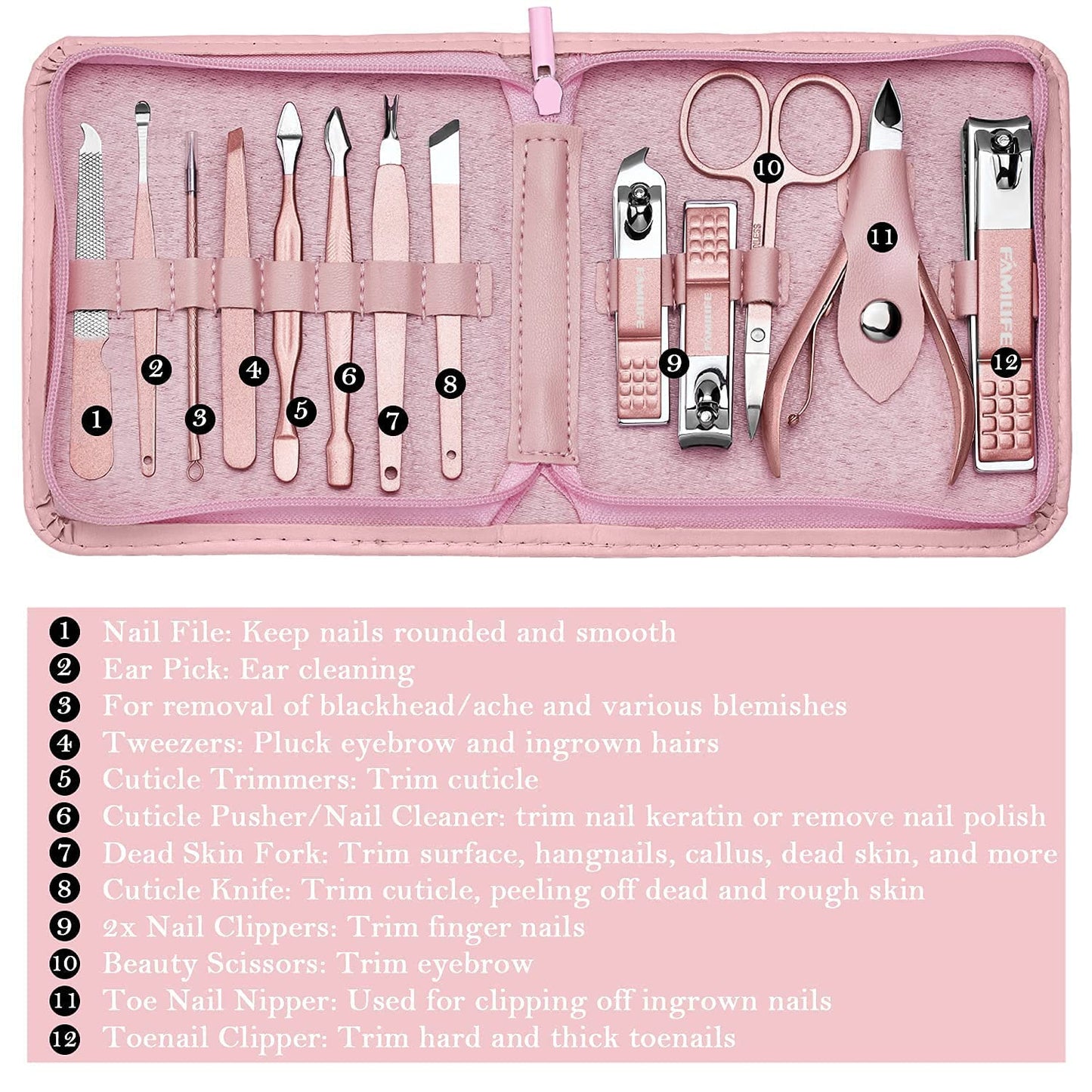 FAMILIFE F06 Manicure Set, 13pcs Pedicure Kit Rose Gold Nail Clipper Set Professional Manicure Kit and 12 Pieces Grooming Kit with Luxurious Leather Travel Case (D-Brown)