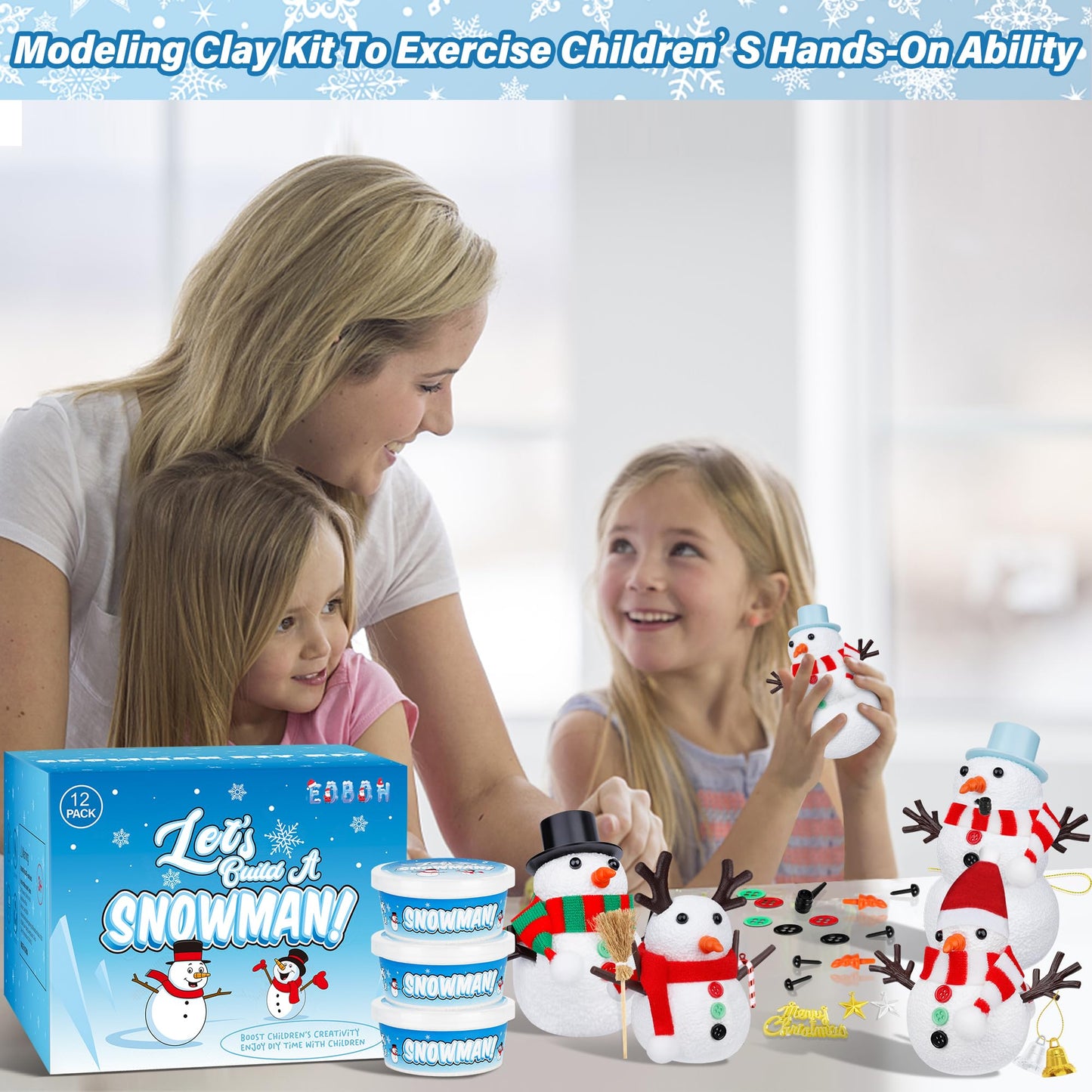 12 Pack Christmas Craft, DIY Snowman Kit for Kids, Build a Snowman Kit Indoor Decorations, Creative Kids Air Dry Modeling Clay, Xmas Activities Snowman Making Kit Toys for Holiday Favor Supplies