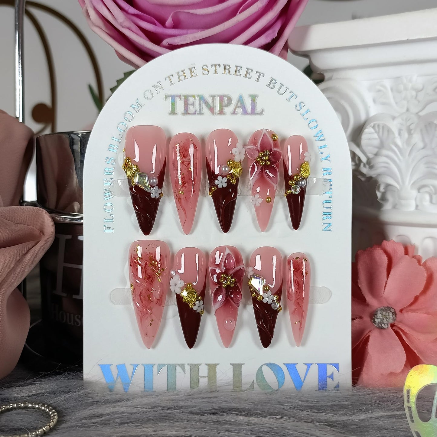 TENPAL Handmade Press on Nails Long Stiletto - Burgundy French Tips 3D Floral Embossed Glossy False Nails for Women Girls Fall Winter- Glossy Acrylic Y2K Nails for Parties Date Daily Wear(L)