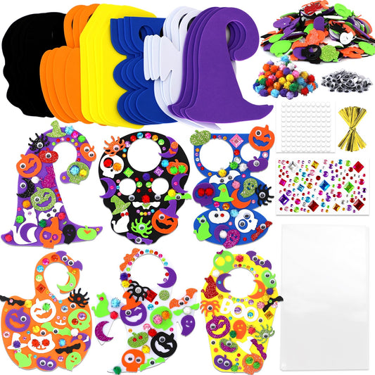 24 Set Halloween Craft Kits DIY Halloween Doorknob Hanger Decorations Fall Arts & Crafts Supplies, Halloween Pumpkin Bat Ghost Monster Foam Stickers for Classroom Gift Party Favors Activities