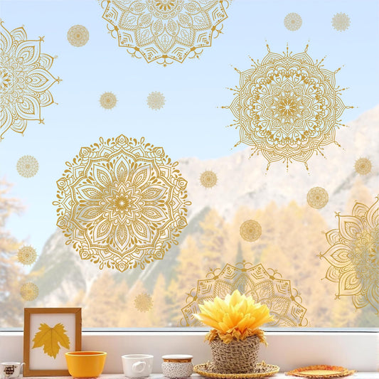 Kazova Gold Mandala Window Clings 22 Pcs 4 Sheets Double Sided Lotus Flower Window Stickers Vinyl Cling Non Adhesive Reusable Window Decals for Glass