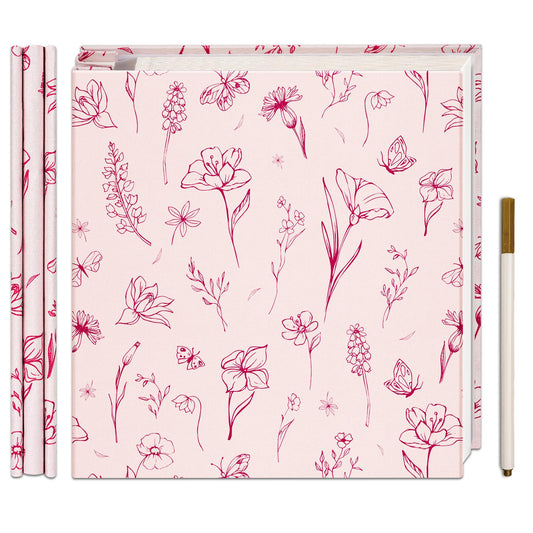 Vienrose Self Adhesive Photo Album for 4X6 8X10 Pictures, Linen Cover Scrapbook Pink Flower Printed Memory Book, 40 Blank Pages with A Metallic Pen for Baby Family Graduation Wedding Memories