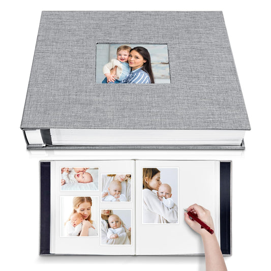 HoneyTolly Large Photo Album Self Adhesive with Picture Display Window, DIY Scrapbook Album for 4x6 8x10 Pictures, 40 Pages Linen Cover Memory Book with Scraper and Metallic Pen(Grey)