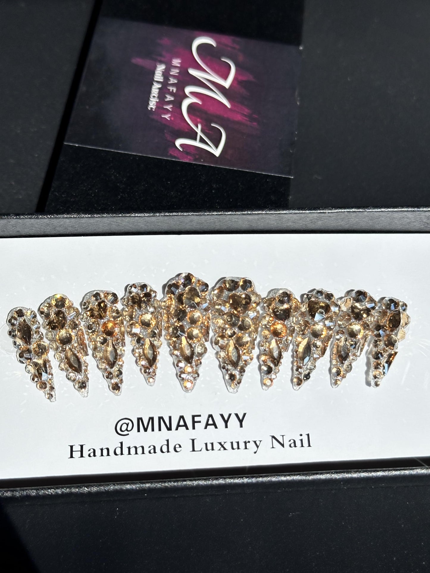 MNAFAYY Luxury Gems 100% Handmade Nails Gold Long Stiletto Press On Nails Full Cover 3D Rhinestone Crystal Gorgeous Reusable UV Finished Fake False Nails Acrylic Nail Kit With Box Gifts for Women L
