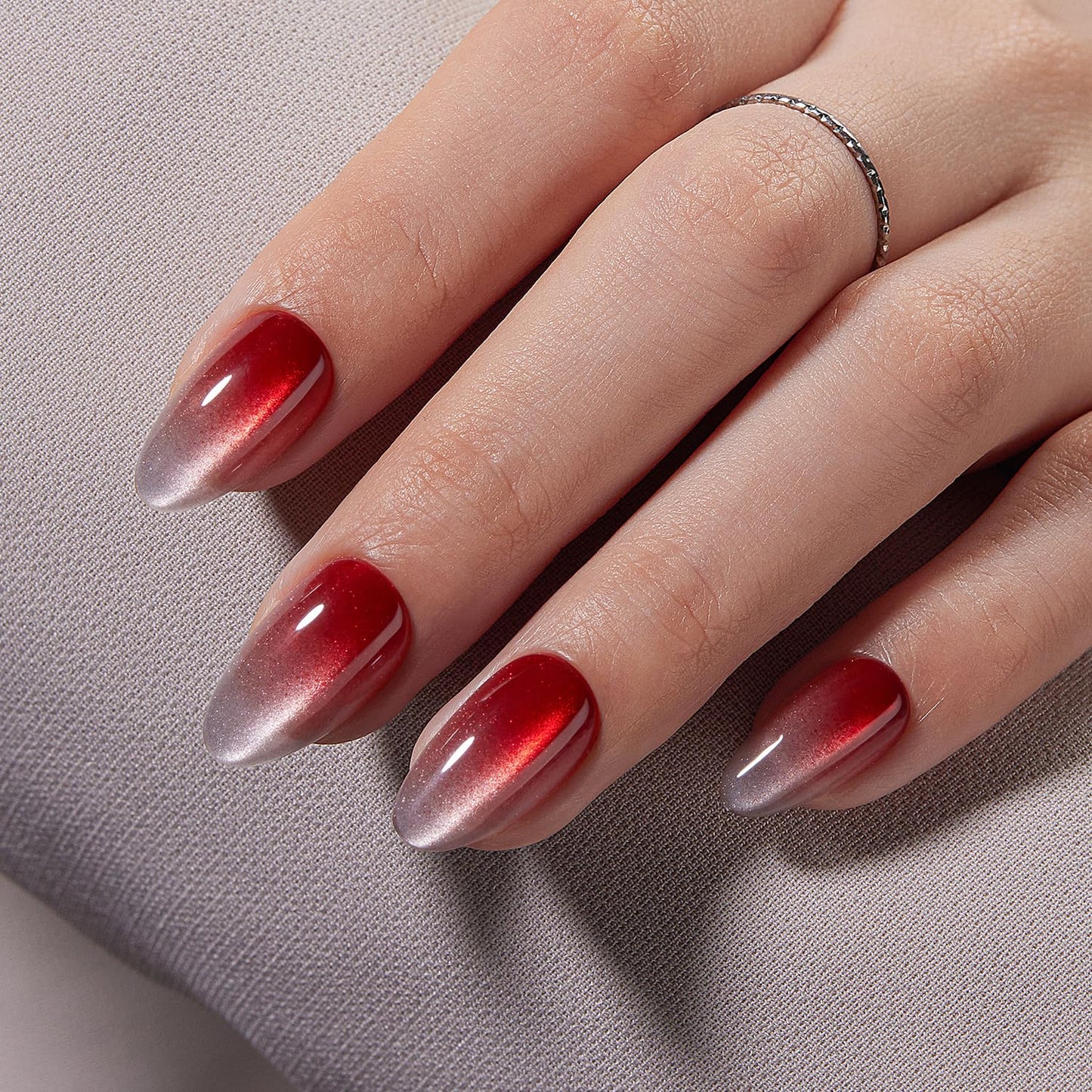 VSALON Press On Nails Short Almond, Red Cat Eye Press On & Purple Blue Ribbon Cat Eye Fake Nails Reuasble Glue on Nails For Women