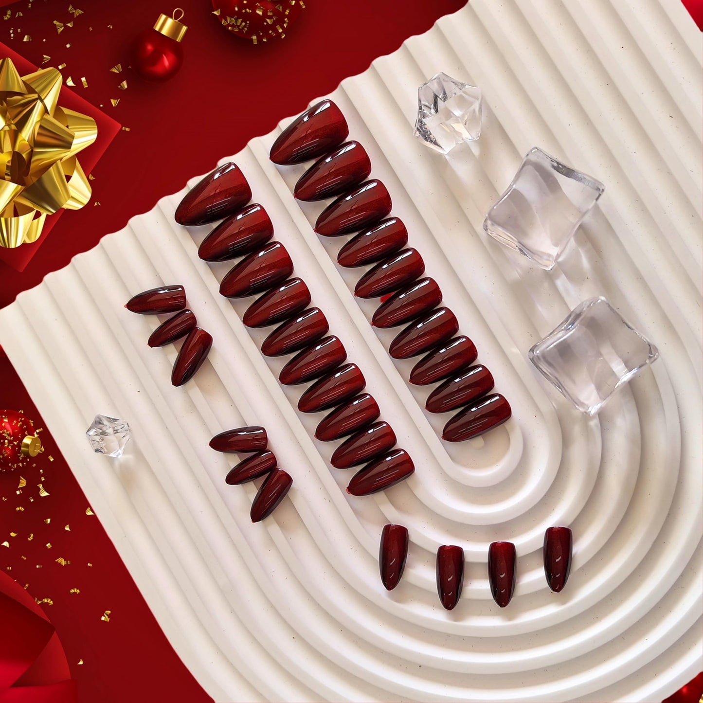 KQueenest Cat Eye Dark Red Press on Nails Medium Almond & Press on Toes Short Square For Beach Holiday Daily Decoration in 54 Pcs