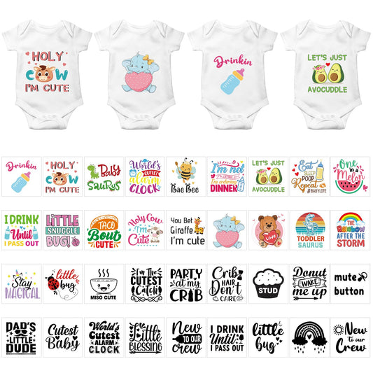 Teling 36 Pcs Iron on Decals Baby Shower Games Iron on Transfers Stickers Patches Baby Bodysuit Making Bibs Decorating Kit Patch Maker for Gender Reveal T Shirt(Cute)