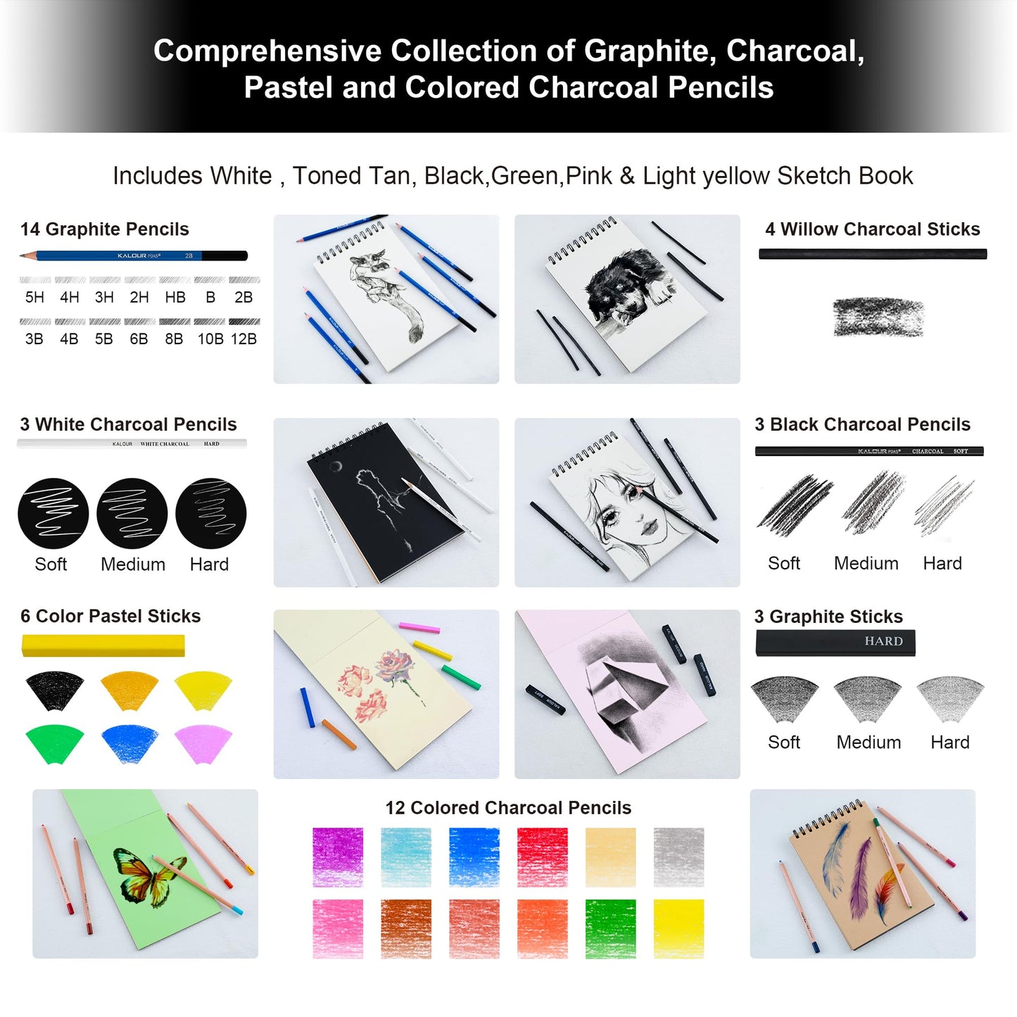 KALOUR 95-Piece Sketching and Drawing Art Set with 3-color Sketch Book and Pastel Paper – Graphite, Charcoal, and Pastel Pencils – Complete Artist Kit for Beginners and Professionals