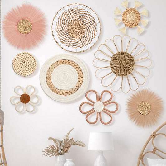 Chunful 9 Pcs Boho Nursery Wall Decor Daisy Flower Woven Macrame Seagrass Rattan Basket Wall Hanging Bohemian Decorations Gifts for Home Dorm Art Farmhouse Bedrooms Living Room(Pink Brown)