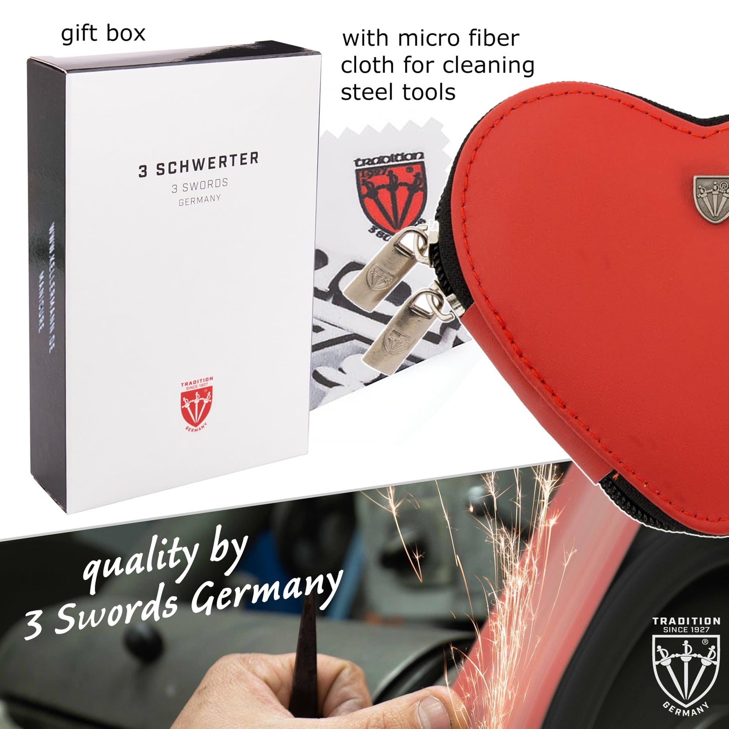 3 Swords Germany - brand quality 5 piece manicure pedicure grooming kit set for professional finger & toe nail care tweezers file clipper genuine leather case in gift box, Made by 3 Swords (03898)