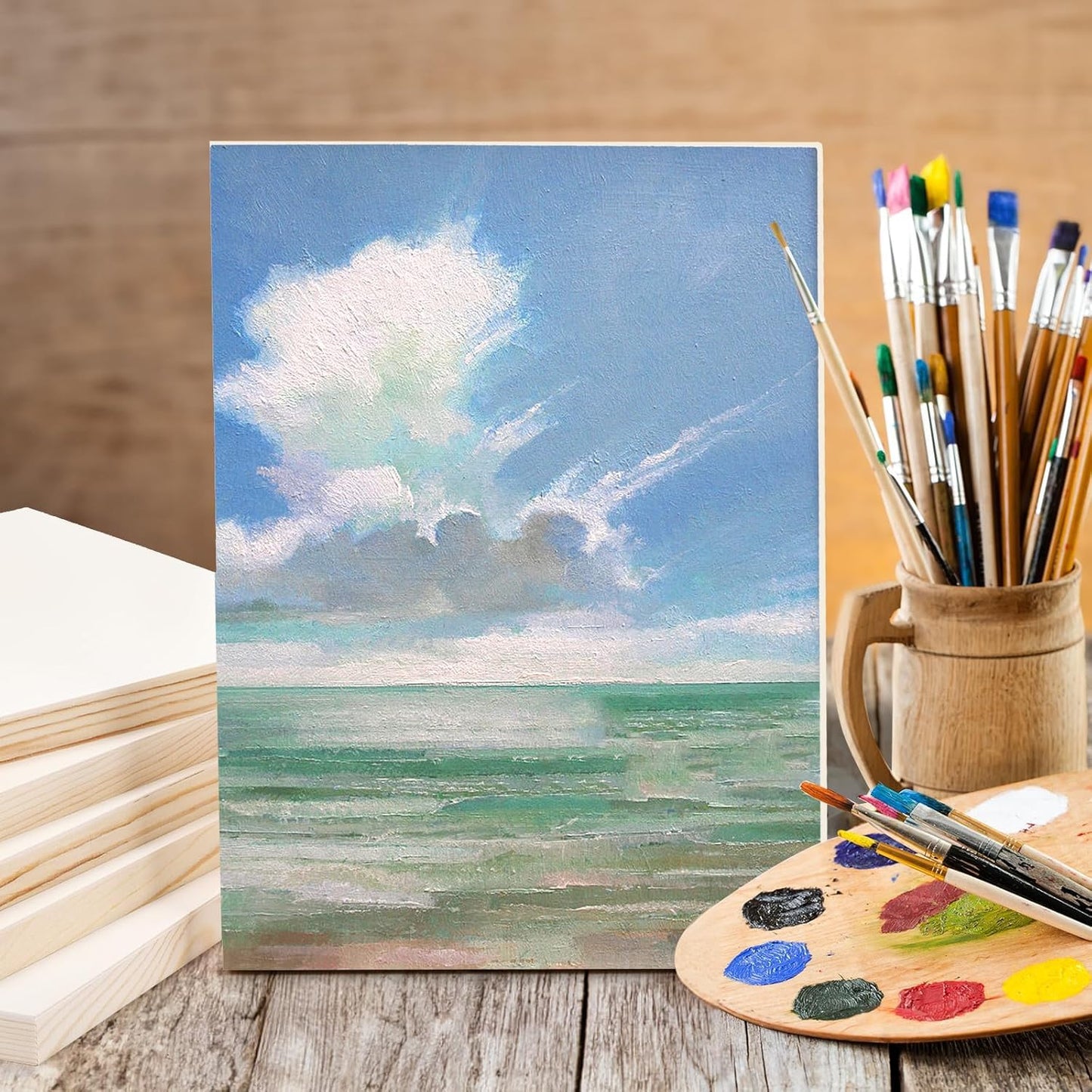 Frcctre 6 Pack 9 x 12 Inch Wood Canvas Panels, Unfinished Wooden Canvas Boards Wood Cradled Painting Panel Boards for Pouring, Art, DIY Crafts, Burning