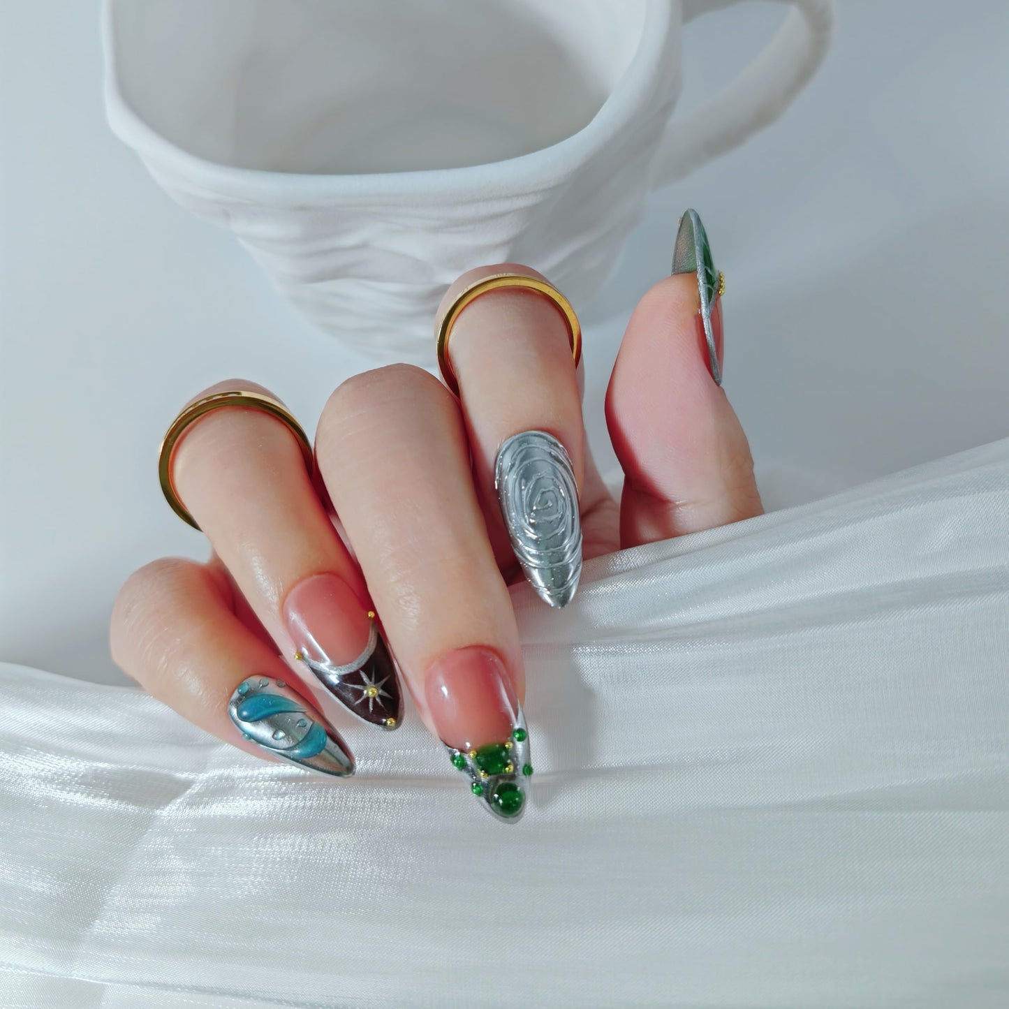 Almond Press on Nails Handmade Medium Long/Stiletto 3D Flower Fake Nail with Designs, Women Reusable False Nails (French Tip Silver, S)