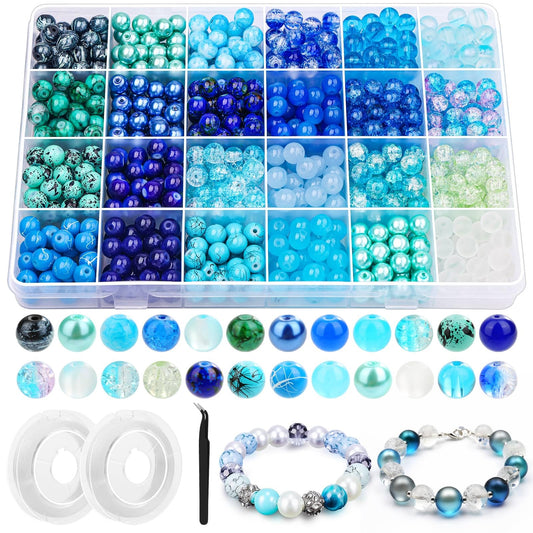 PAXCOO 720pcs Glass Beads for Jewelry Making 8mm, 24 Colors Bead Bracelet Making Kit Blue Round Loose Beads for Bracelet Earring Necklace Jewelry Making Supplies