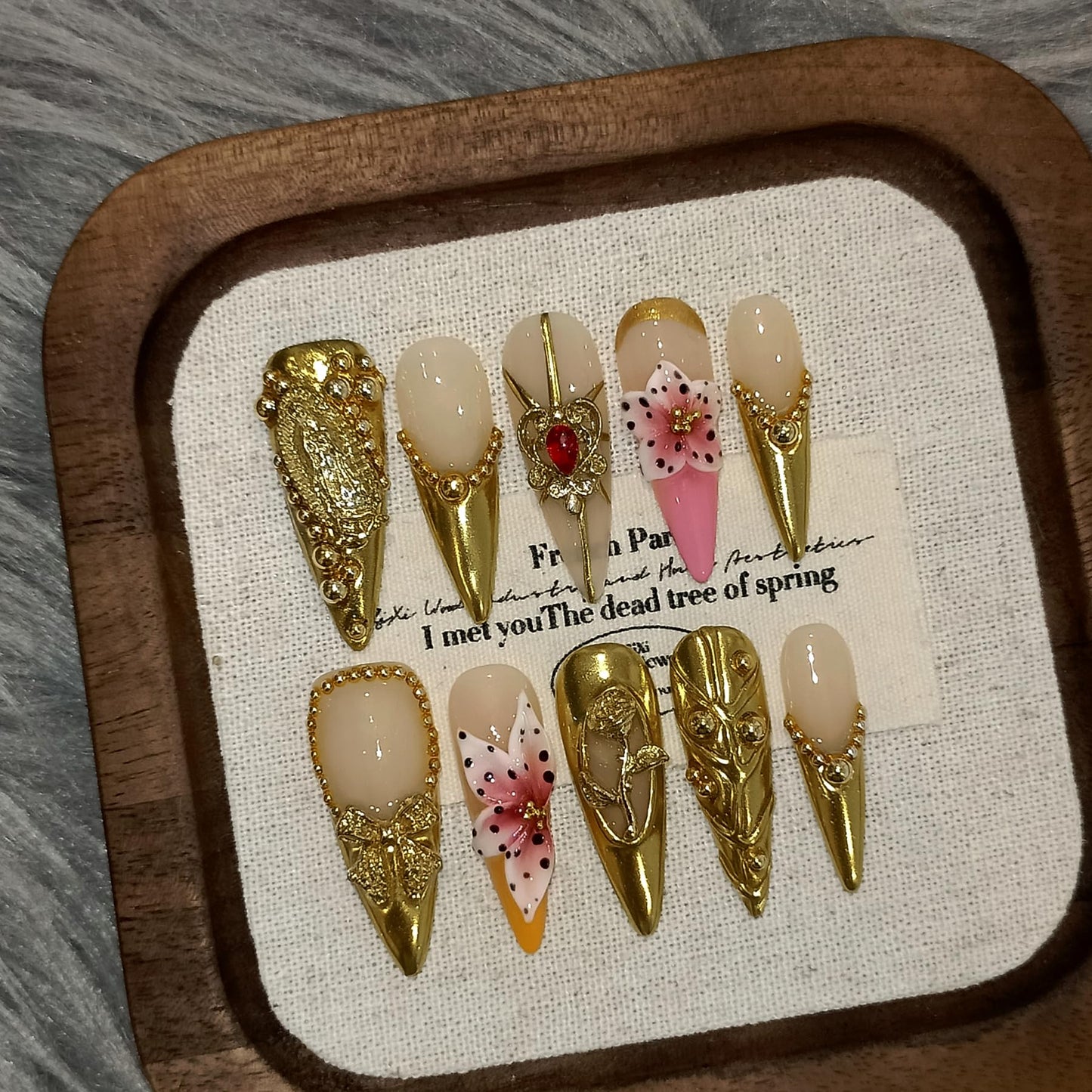 TENPAL Long Stiletto Press on Nails - Gold Baroque with 3D Rose & Saint Charms | Reusable & Icy False Nails | Royal Gala Style for Grand Events(L)