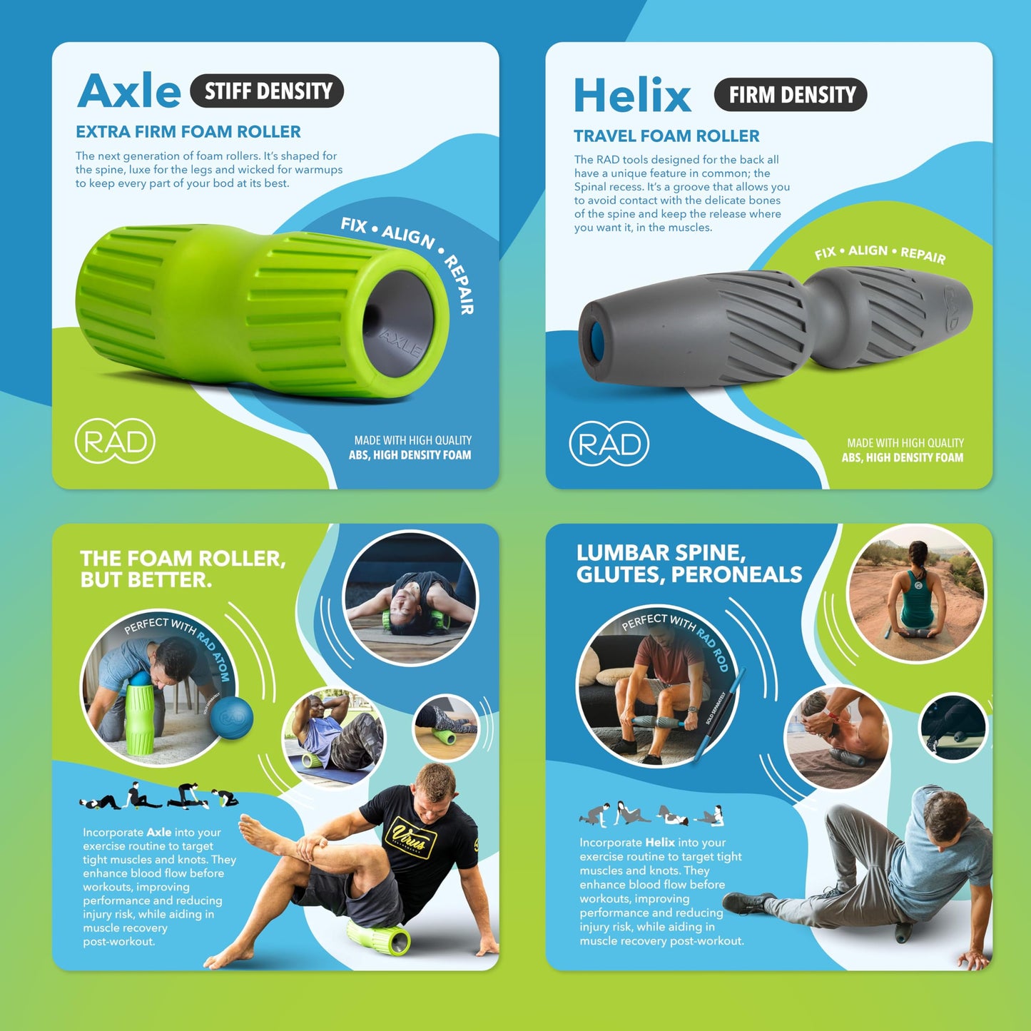 RAD Back Relief Massage Set – Myofascial Release Bundle for Back Pain, Muscle Recovery, and Mobility - Includes Exercise Foam Rollers, XL Peanut Massage Ball, and Neuro Ball Foot Roller