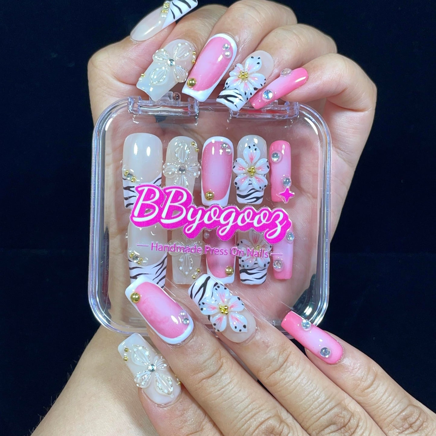 Handmade Press On Nails Short-Medium Square Bold Pink Zebra Stripes & 3D Floral | Glitter Flowers With Gold Accent | Reusable Acrylic Fake Nails for Parties & Daily (Pink Zebra, M)
