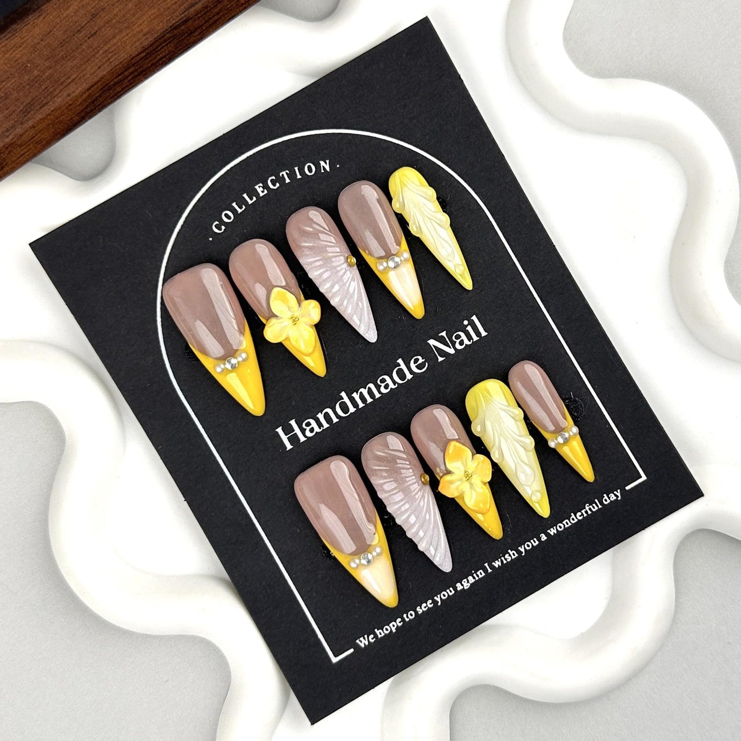 100% 5D Handmade Press on Nails with Charms Long Stiletto Nails Press ons- Water Ripple False Nails Ombre Orange Yellow Press on Nails Flower Fake Nails for Women Girls Daily Wear DIY Manicure Size L