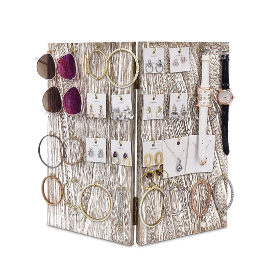 MOOCA Wooden Space Saving Foldable and Portable Jewelry Display Stand with 32 Hooks for Earring Card & KeyChain, Earring Holder, Bracelet Holder, Corner Display, Antique White Color